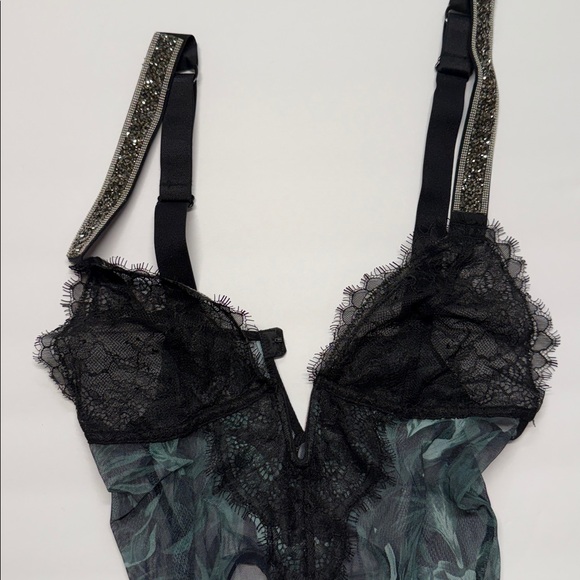Victoria's Secret Black Lace teddy Bodysuit shine rhinestone straps - Picture 2 of 8